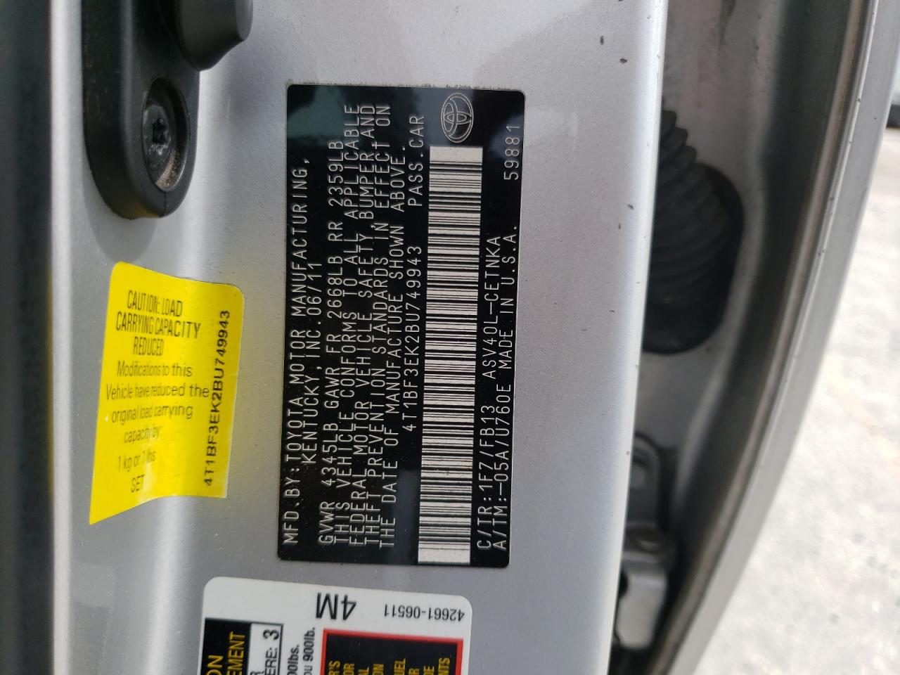 Foto 10 de la subasta – 2011 TOYOTA CAMRY BASE con VIN 4T1BF3EK2BU749943