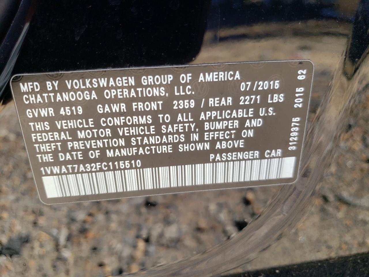 Photo 10 from auction – 2015 VOLKSWAGEN PASSAT S with VIN 1VWAT7A32FC115510