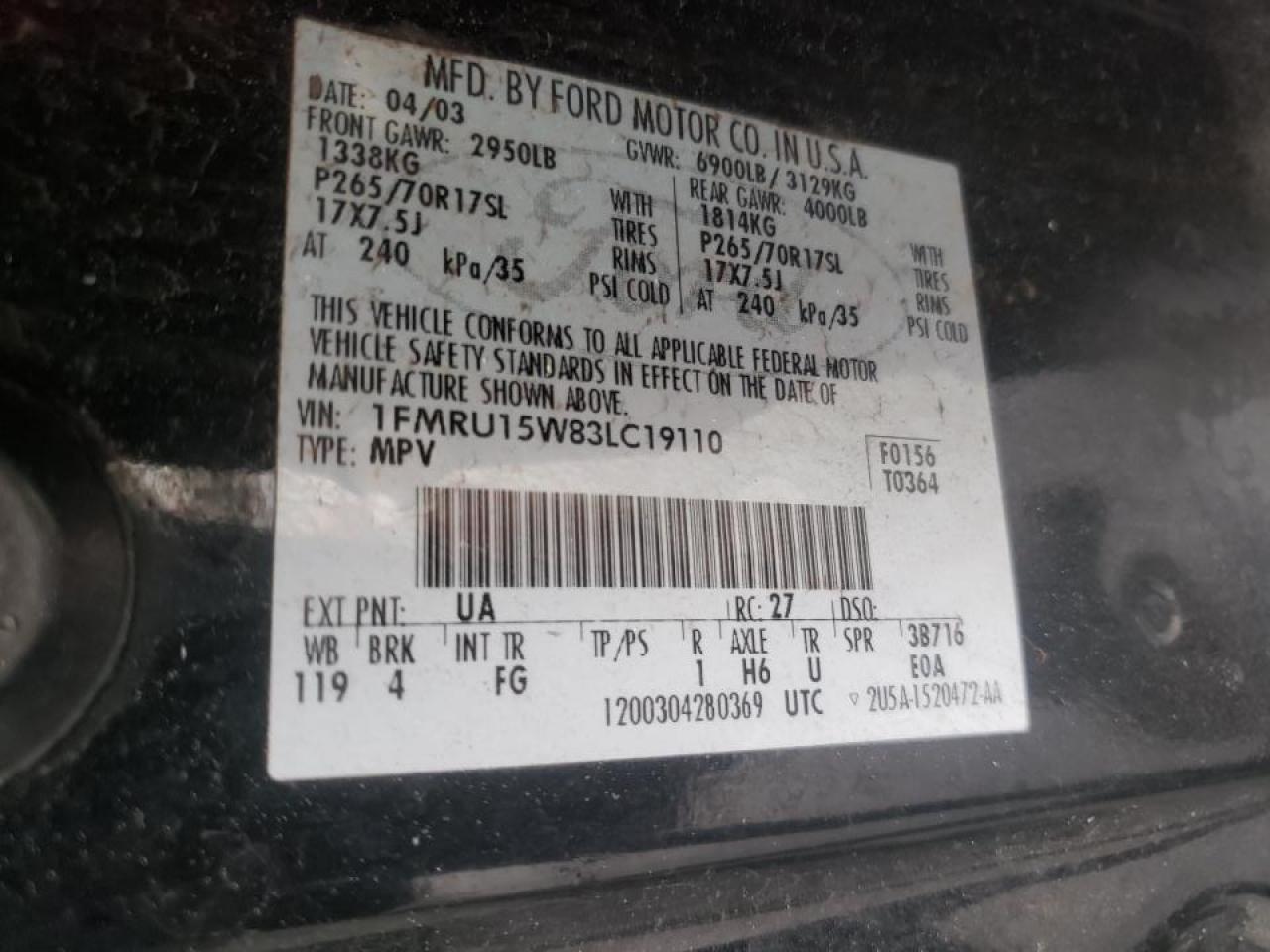 Zdjęcie 10 z aukcji – 2003 FORD EXPEDITION z VIN 1FMRU15W83LC19110