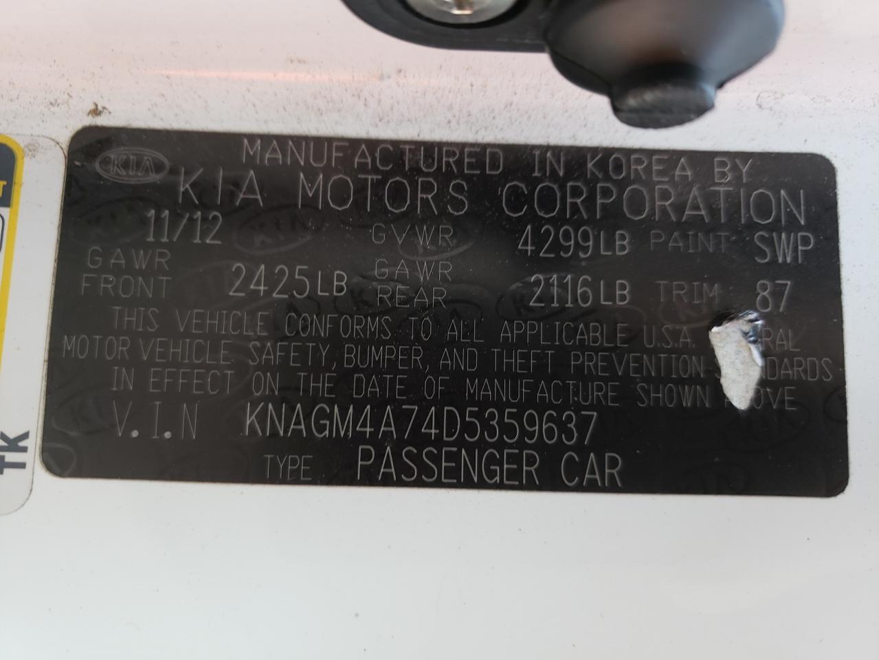 Zdjęcie 10 z aukcji – 2013 KIA OPTIMA LX z VIN KNAGM4A74D5359637