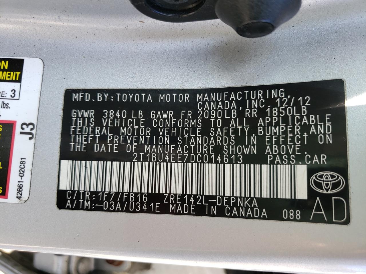 Photo 10 from auction – 2013 TOYOTA COROLLA BA with VIN 2T1BU4EE7DC014613