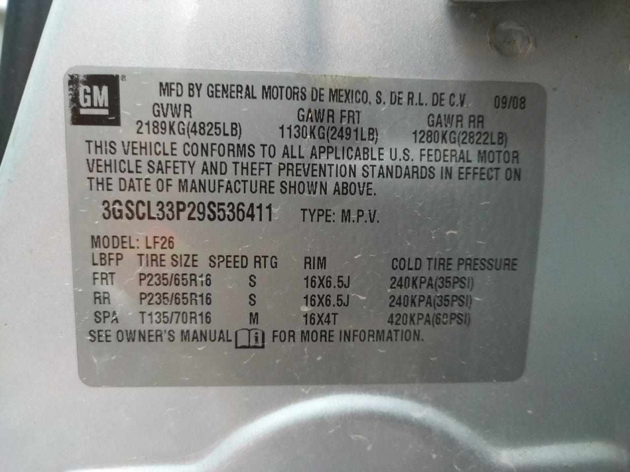 Photo 10 from auction – 2009 SATURN VUE XE with VIN 3GSCL33P29S536411