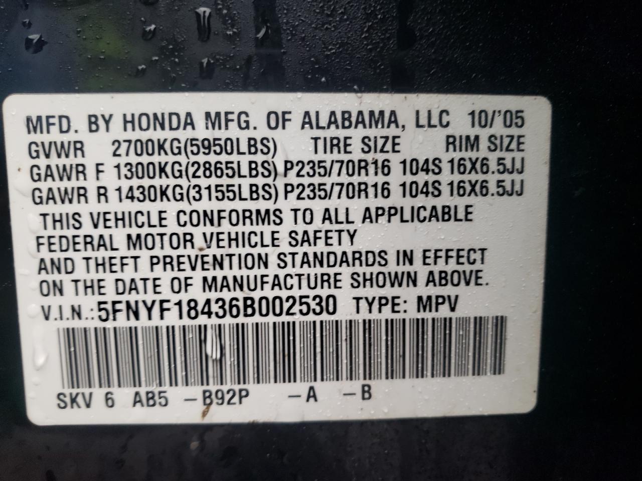 Photo 10 from auction – 2006 HONDA PILOT EX with VIN 5FNYF18436B002530