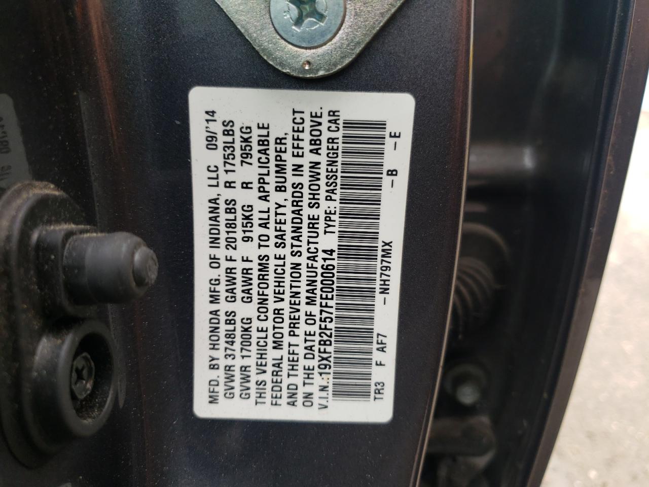 Photo 10 from auction – 2015 HONDA CIVIC LX with VIN 19XFB2F57FE000614