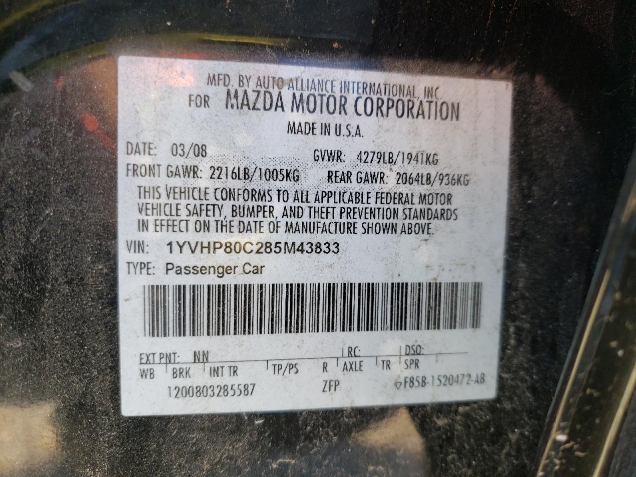 Photo 10 from auction – 2008 MAZDA 6 I with VIN 1YVHP80C285M43833