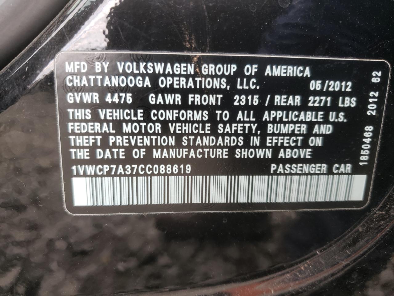 Photo 10 from auction – 2012 VOLKSWAGEN PASSAT SEL with VIN 1VWCP7A37CC088619