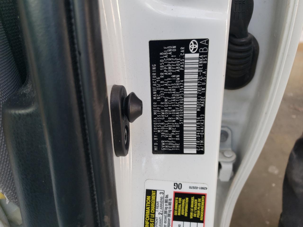 Zdjęcie 10 z aukcji – 2016 TOYOTA COROLLA L z VIN 5YFBURHE8GP515474