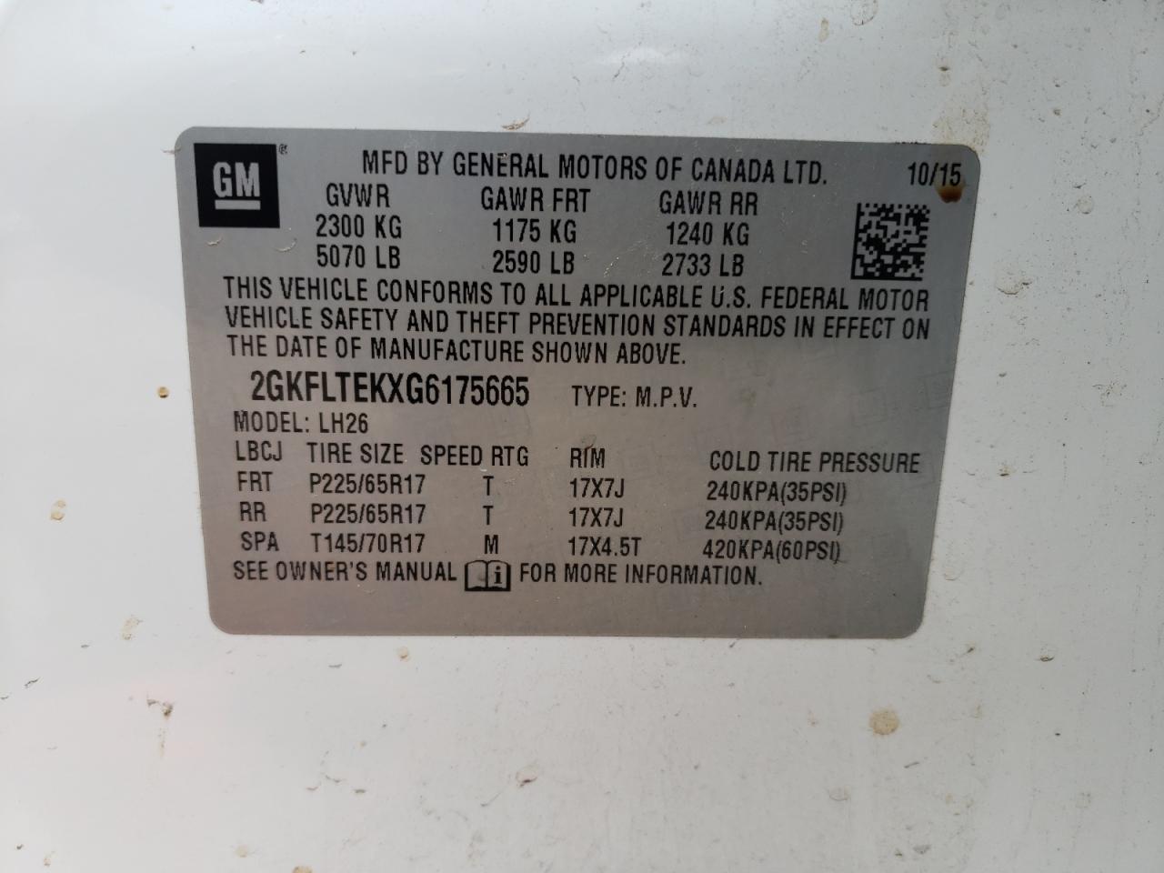Photo 10 from auction – 2016 GMC TERRAIN SL with VIN 2GKFLTEKXG6175665