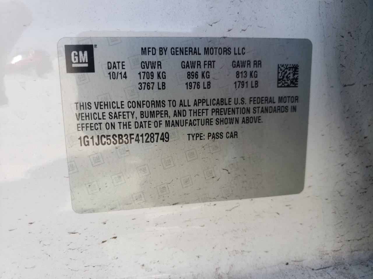 Photo 10 from auction – 2015 CHEVROLET SONIC LT with VIN 1G1JC5SB3F4128749