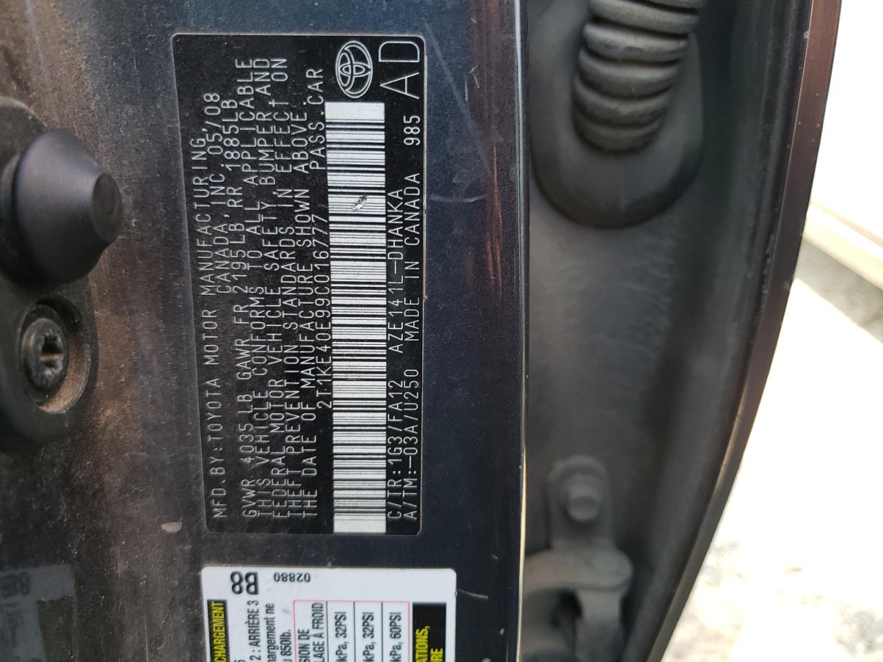 Photo 10 from auction – 2009 TOYOTA COROLLA MA with VIN 2T1KE40E99C016777