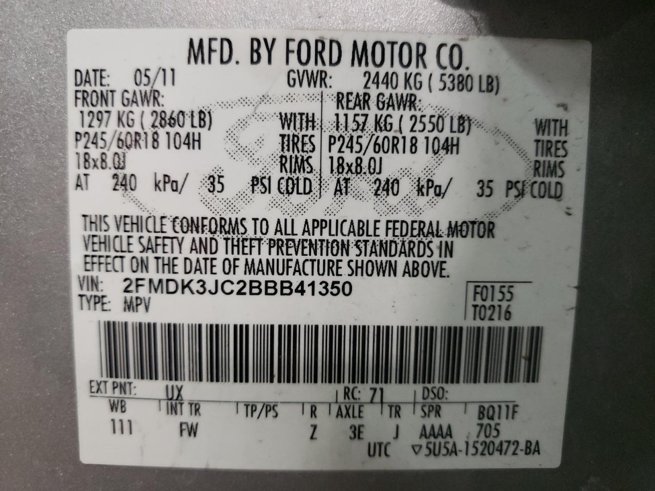 Photo 10 from auction – 2011 FORD EDGE SEL with VIN 2FMDK3JC2BBB41350