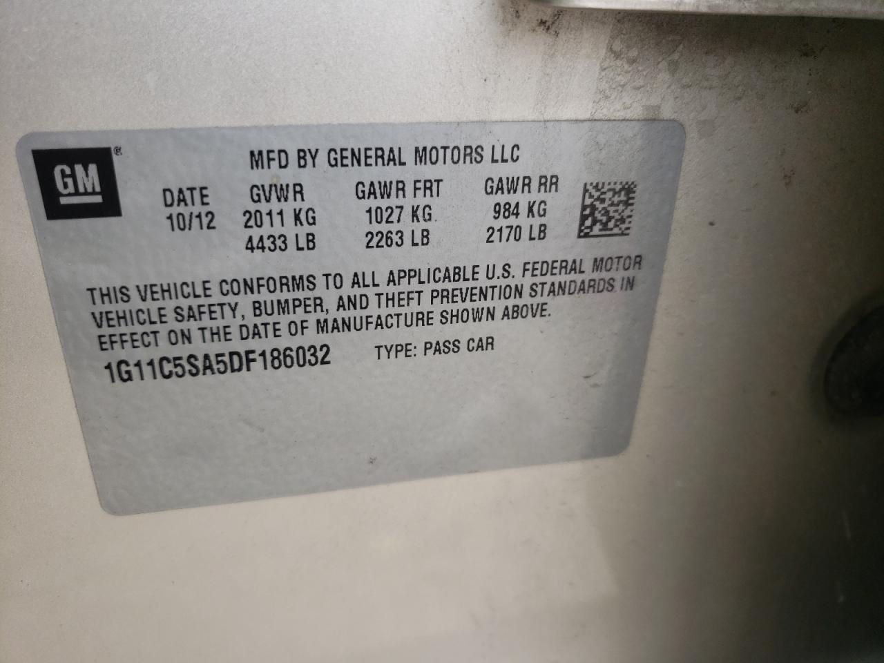 Photo 10 from auction – 2013 CHEVROLET MALIBU 1LT with VIN 1G11C5SA5DF186032
