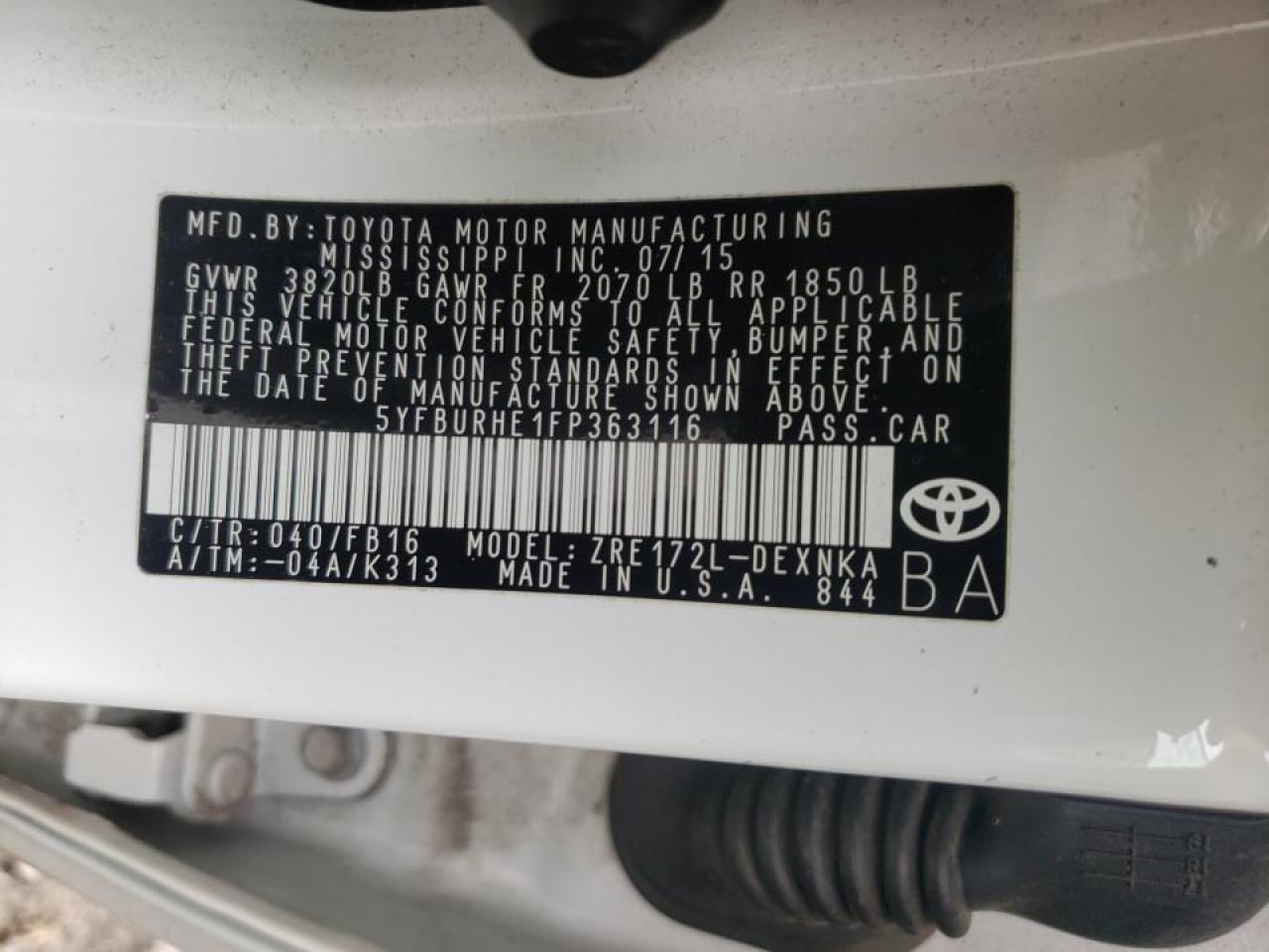 Photo 10 from auction – 2015 TOYOTA COROLLA L with VIN 5YFBURHE1FP363116