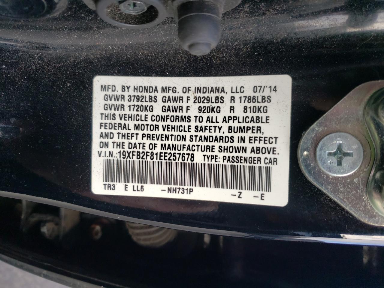 Photo 10 from auction – 2014 HONDA CIVIC EX with VIN 19XFB2F81EE257678
