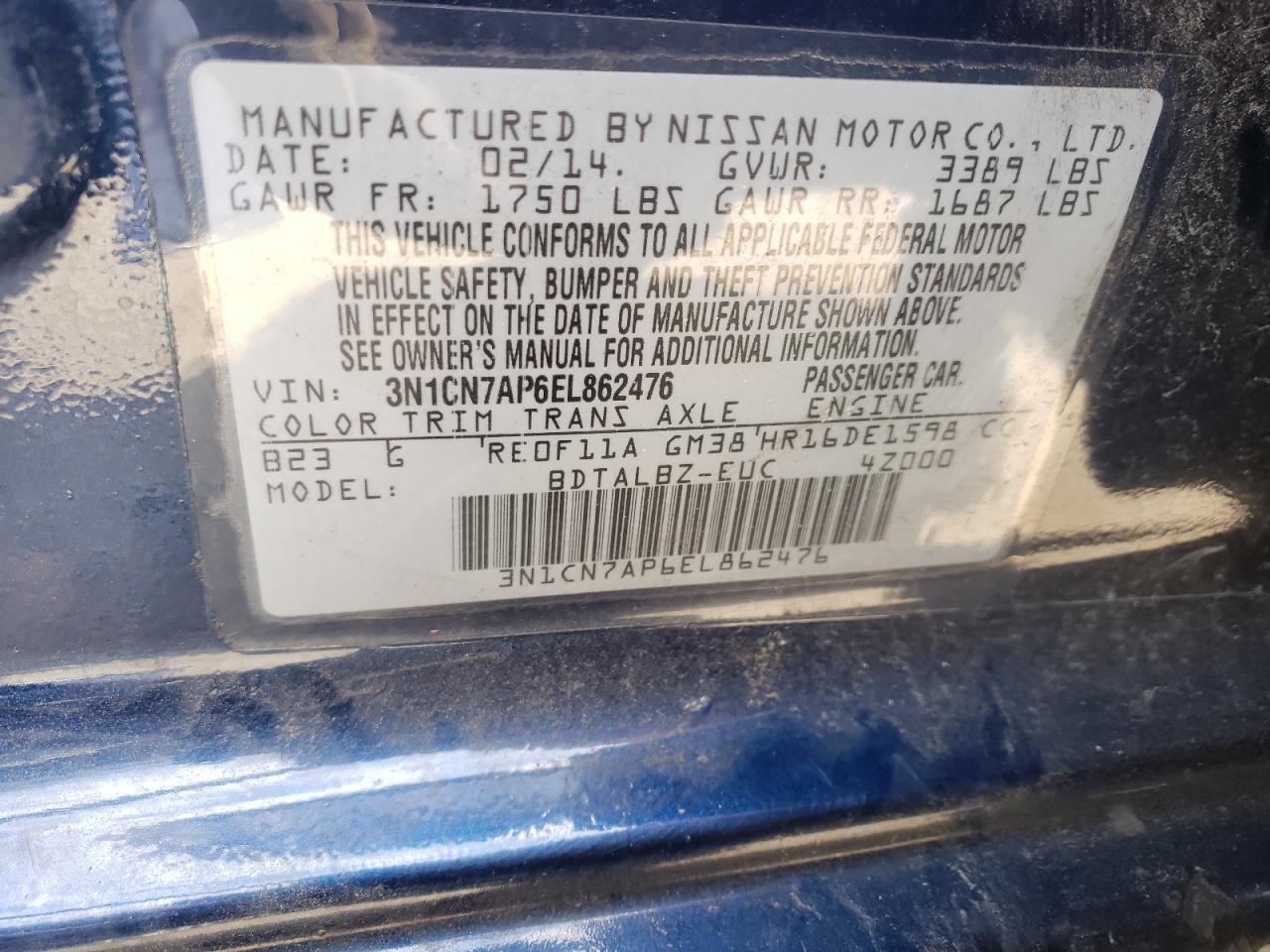 Photo 10 from auction – 2014 NISSAN VERSA S with VIN 3N1CN7AP6EL862476