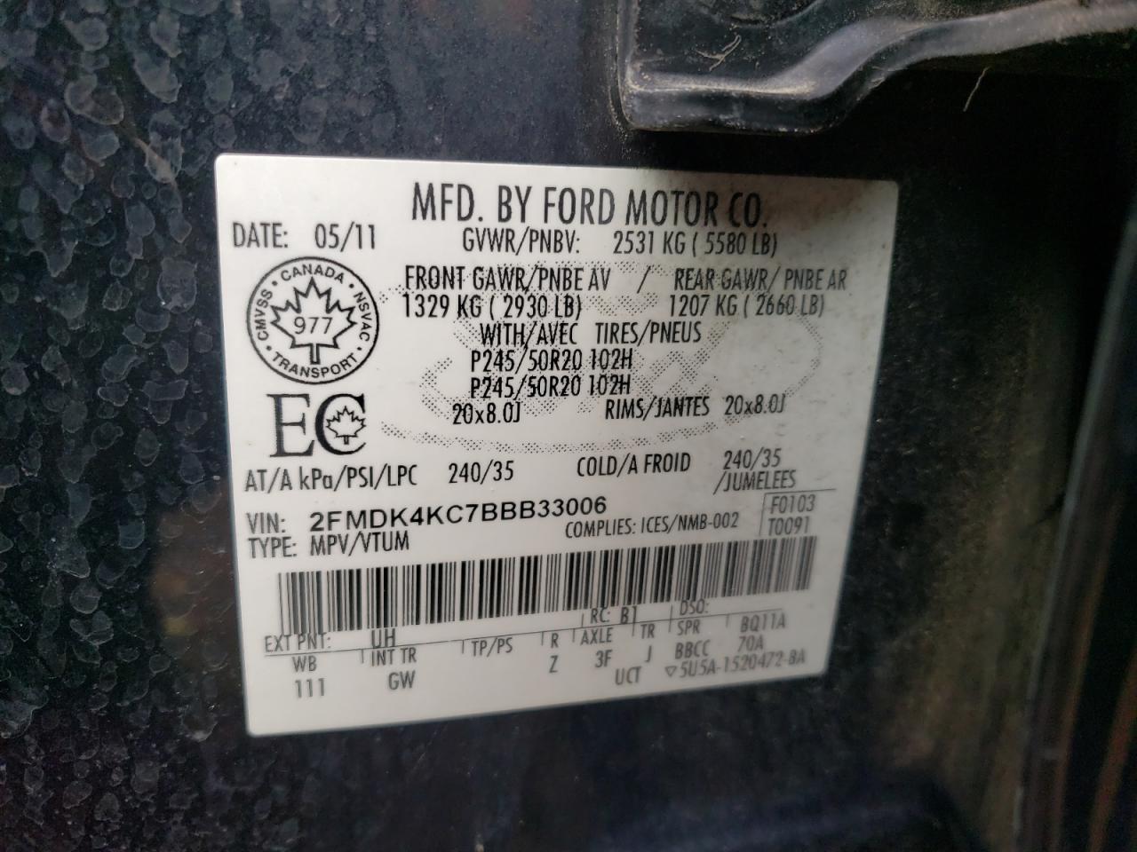 Photo 10 from auction – 2011 FORD EDGE LIMIT with VIN 2FMDK4KC7BBB33006