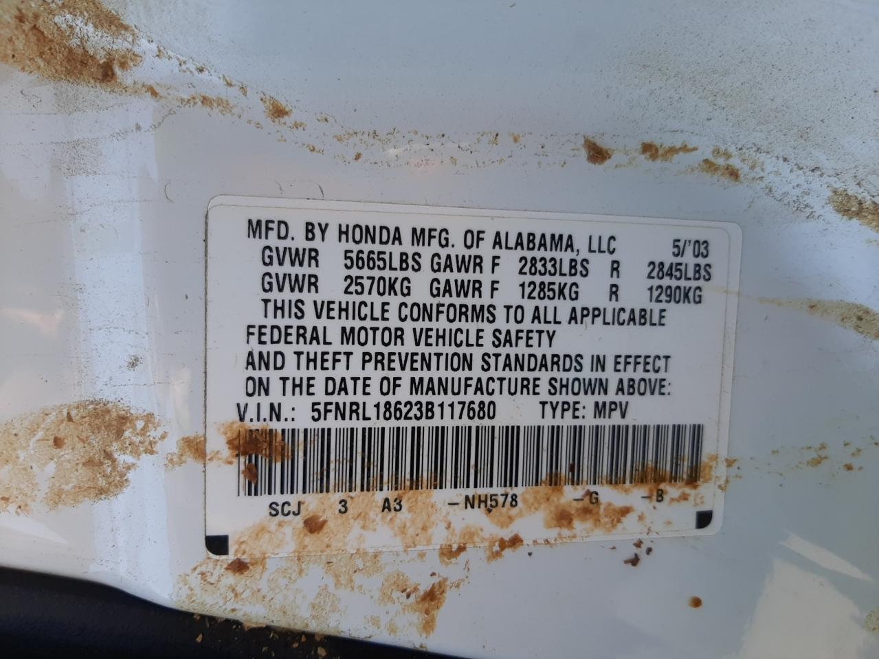 Photo 10 from auction – 2003 HONDA ODYSSEY EX with VIN 5FNRL18623B117680