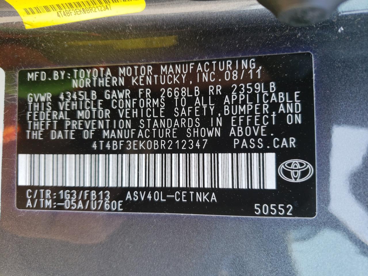 Фото 10 с аукциона – 2011 TOYOTA CAMRY BASE с VIN 4T4BF3EK0BR212347