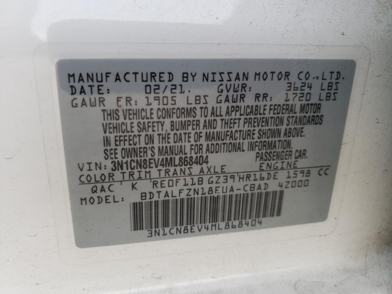 Photo 10 from auction – 2021 NISSAN VERSA SV with VIN 3N1CN8EV4ML868404