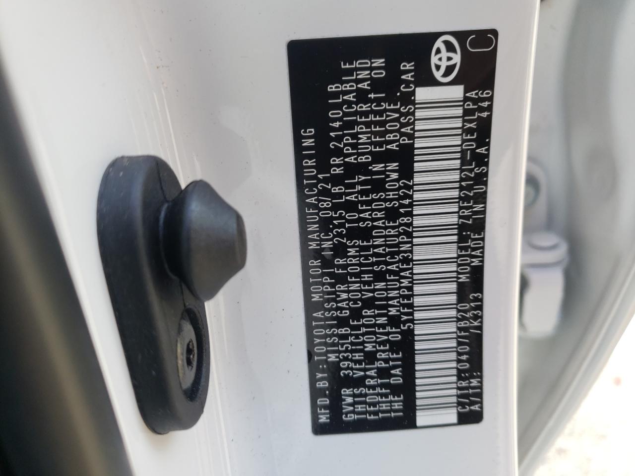 Photo 10 from auction – 2022 TOYOTA COROLLA LE with VIN 5YFEPMAE3NP281422