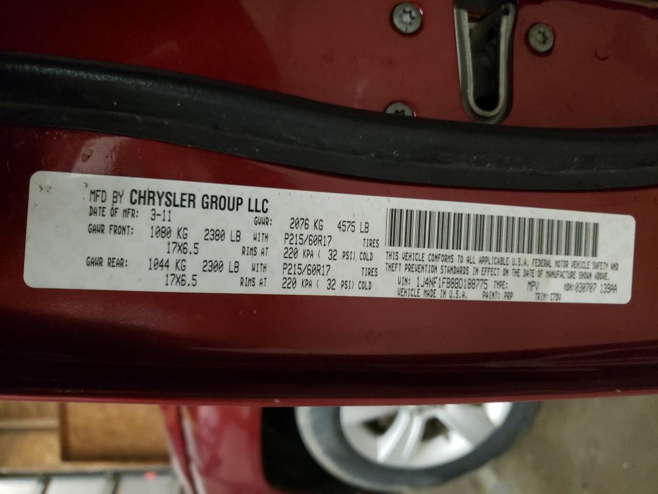 Photo 10 from auction – 2011 JEEP COMPASS SP with VIN 1J4NF1FB8BD188775