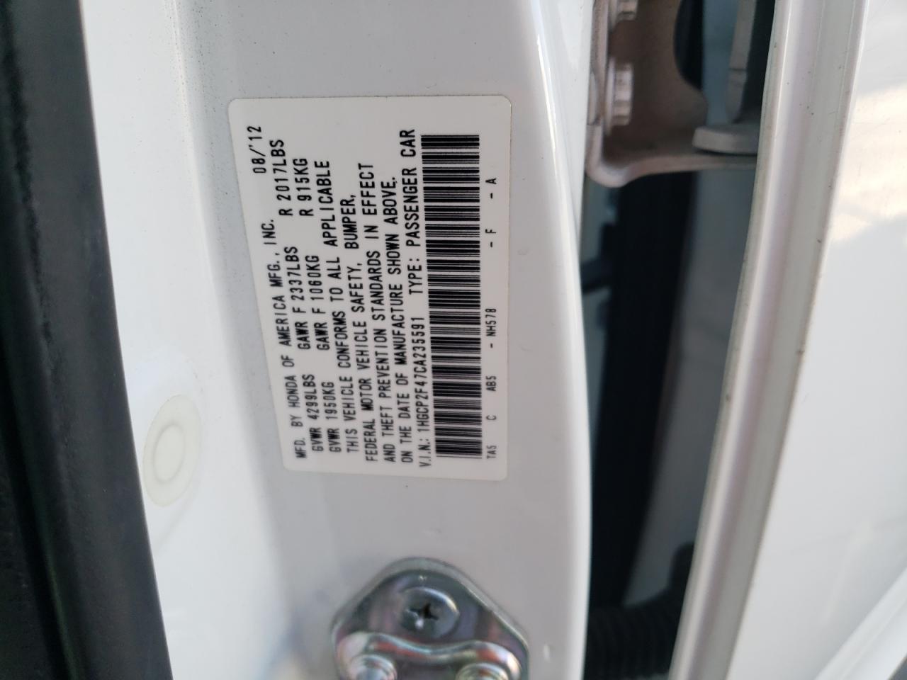 Photo 10 from auction – 2012 HONDA ACCORD LXP with VIN 1HGCP2F47CA235591