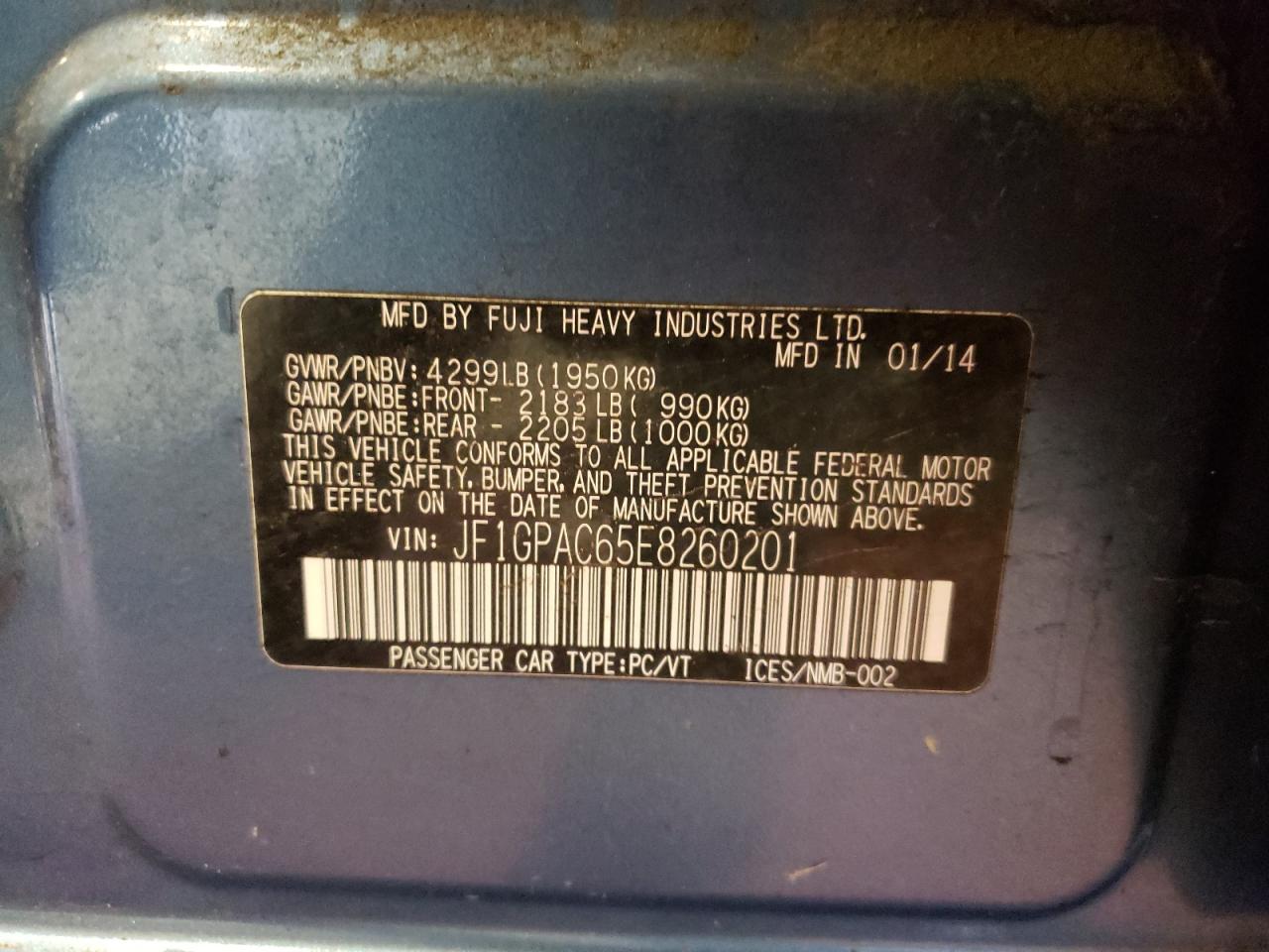 Photo 10 from auction – 2014 SUBARU IMPREZA PR with VIN JF1GPAC65E8260201