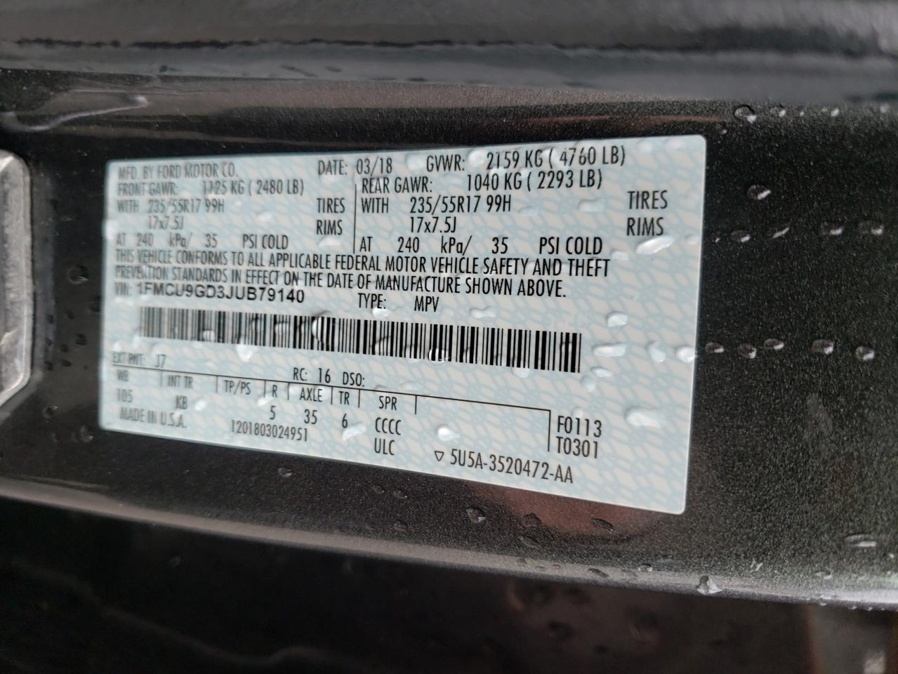 Photo 10 from auction – 2018 FORD ESCAPE SE with VIN 1FMCU9GD3JUB79140