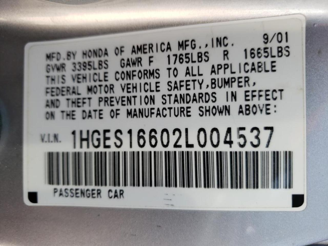 Photo 10 from auction – 2002 HONDA CIVIC LX with VIN 1HGES16602L004537
