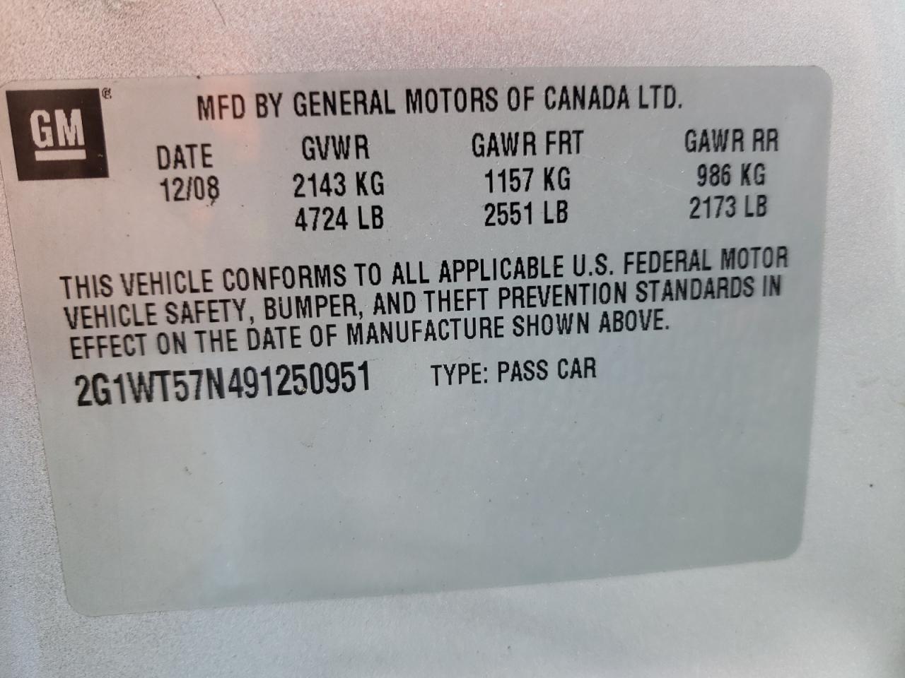 Photo 10 from auction – 2009 CHEVROLET IMPALA 1LT with VIN 2G1WT57N491250951