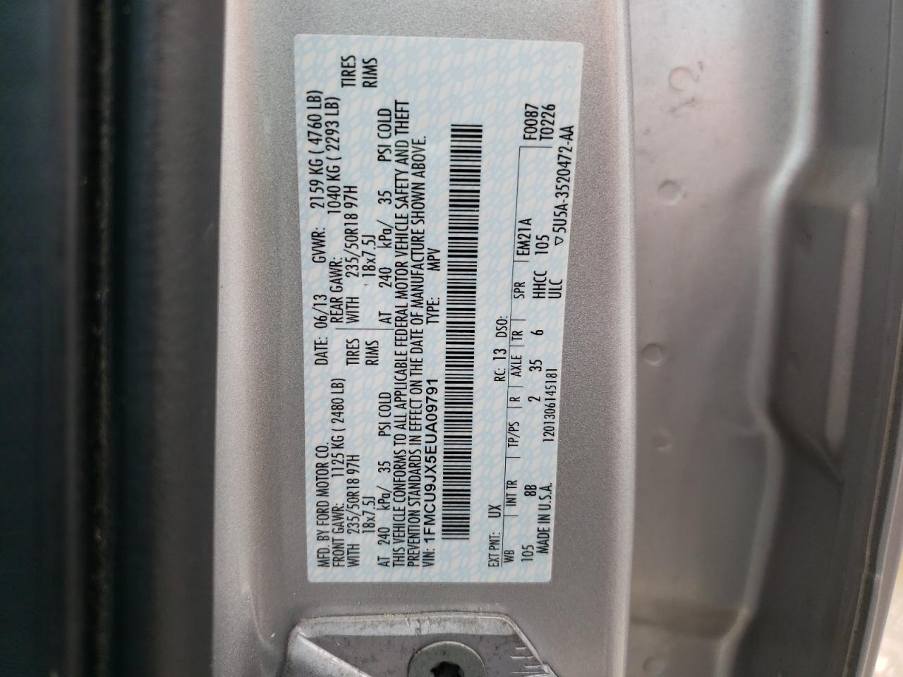 Photo 10 from auction – 2014 FORD ESCAPE TIT with VIN 1FMCU9JX5EUA09791