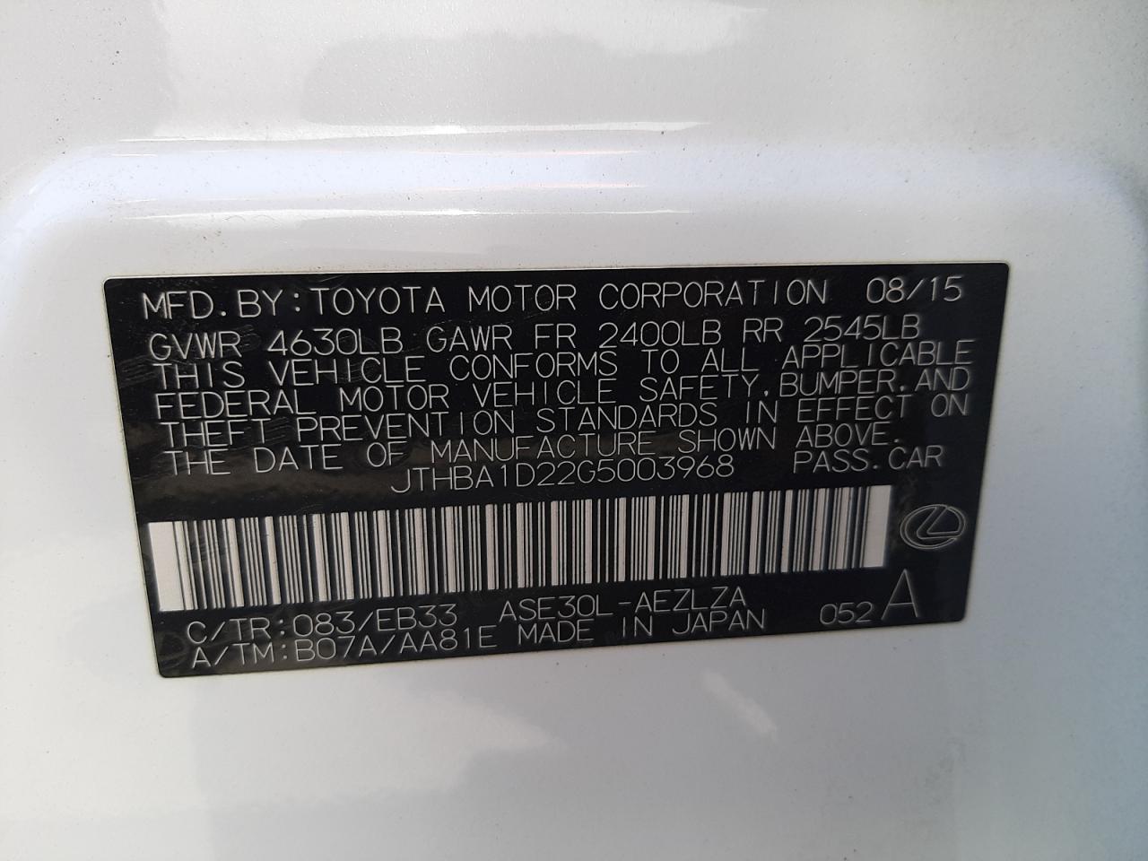 Photo 10 from auction – 2016 LEXUS IS 200T with VIN JTHBA1D22G5003968