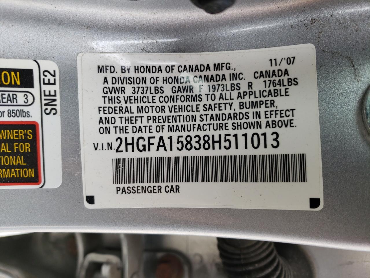 Photo 10 from auction – 2008 HONDA CIVIC EX with VIN 2HGFA15838H511013