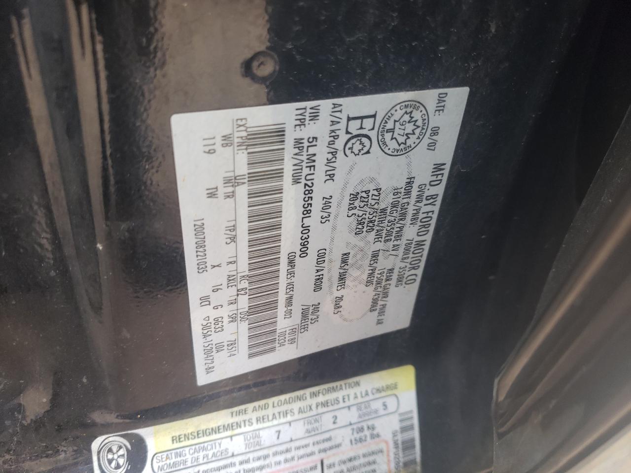 Photo 10 from auction – 2008 LINCOLN NAVIGATOR with VIN 5LMFU28558LJ03900