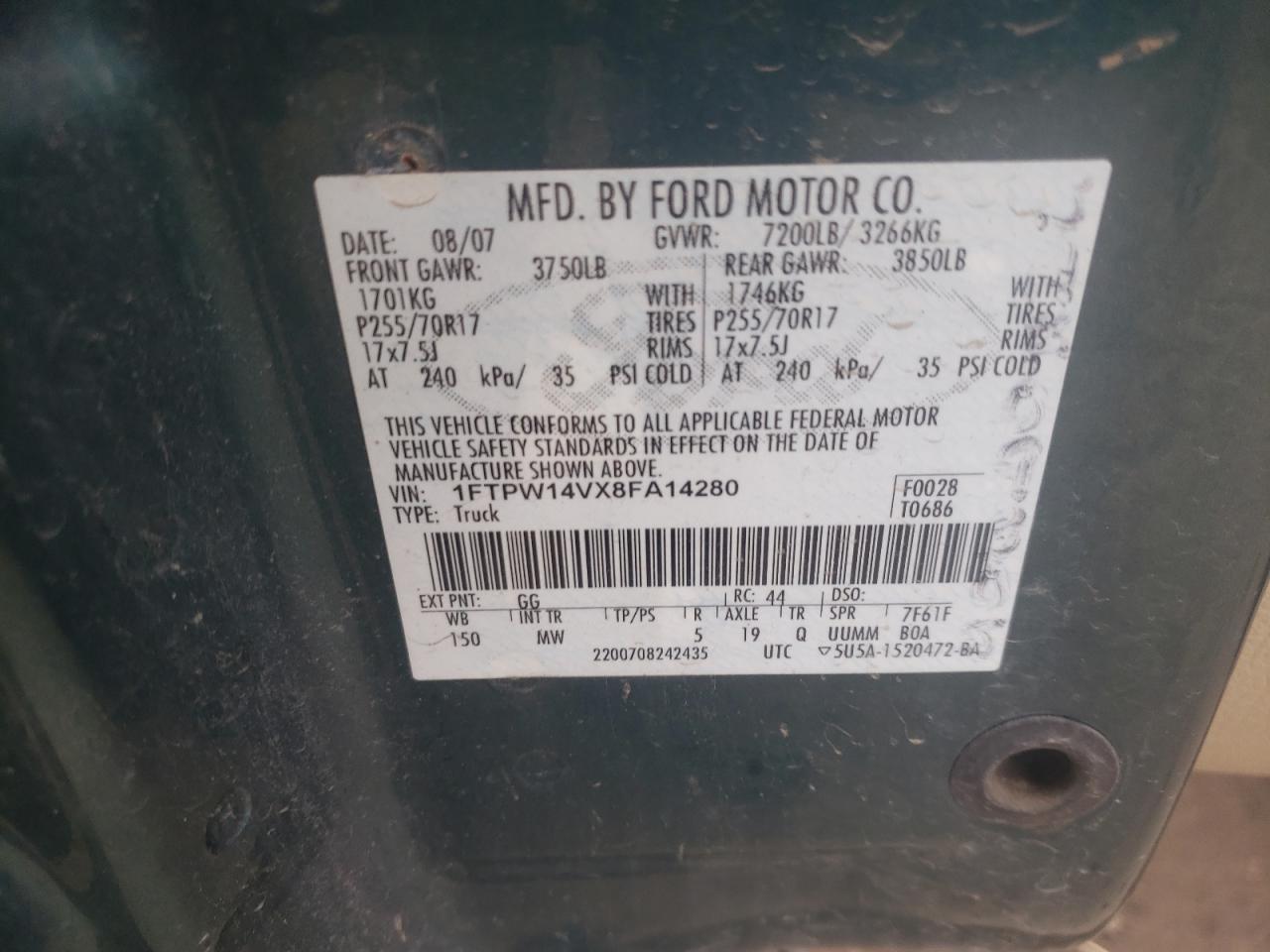 Zdjęcie 10 z aukcji – 2008 FORD F150 SUPER z VIN 1FTPW14VX8FA14280
