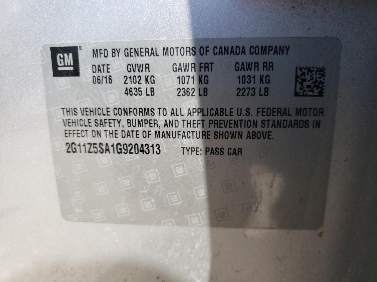 Photo 10 from auction – 2016 CHEVROLET IMPALA LS with VIN 2G11Z5SA1G9204313