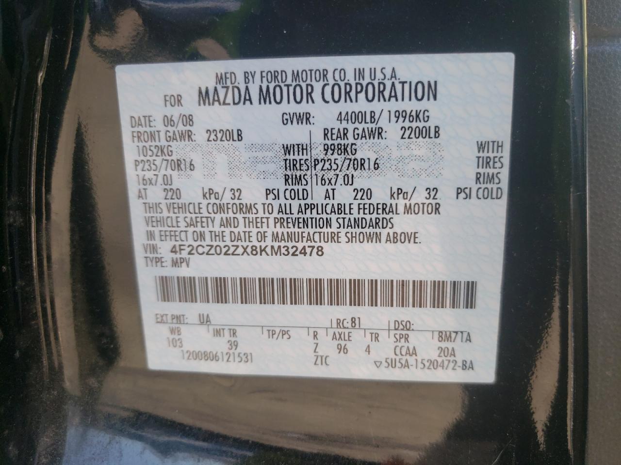 Photo 10 from auction – 2008 MAZDA TRIBUTE I with VIN 4F2CZ02ZX8KM32478