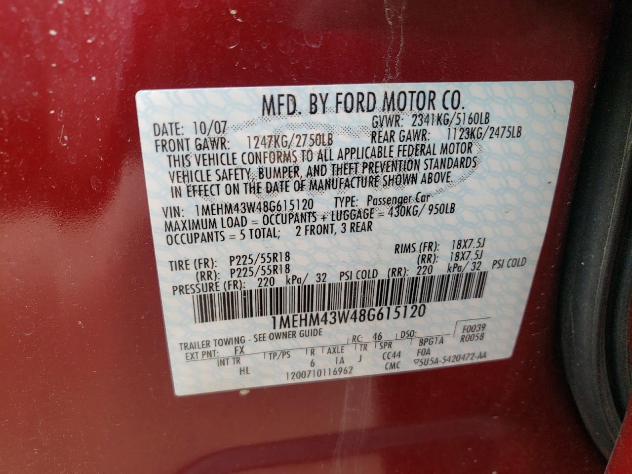 Photo 10 from auction – 2008 MERCURY SABLE PREM with VIN 1MEHM43W48G615120