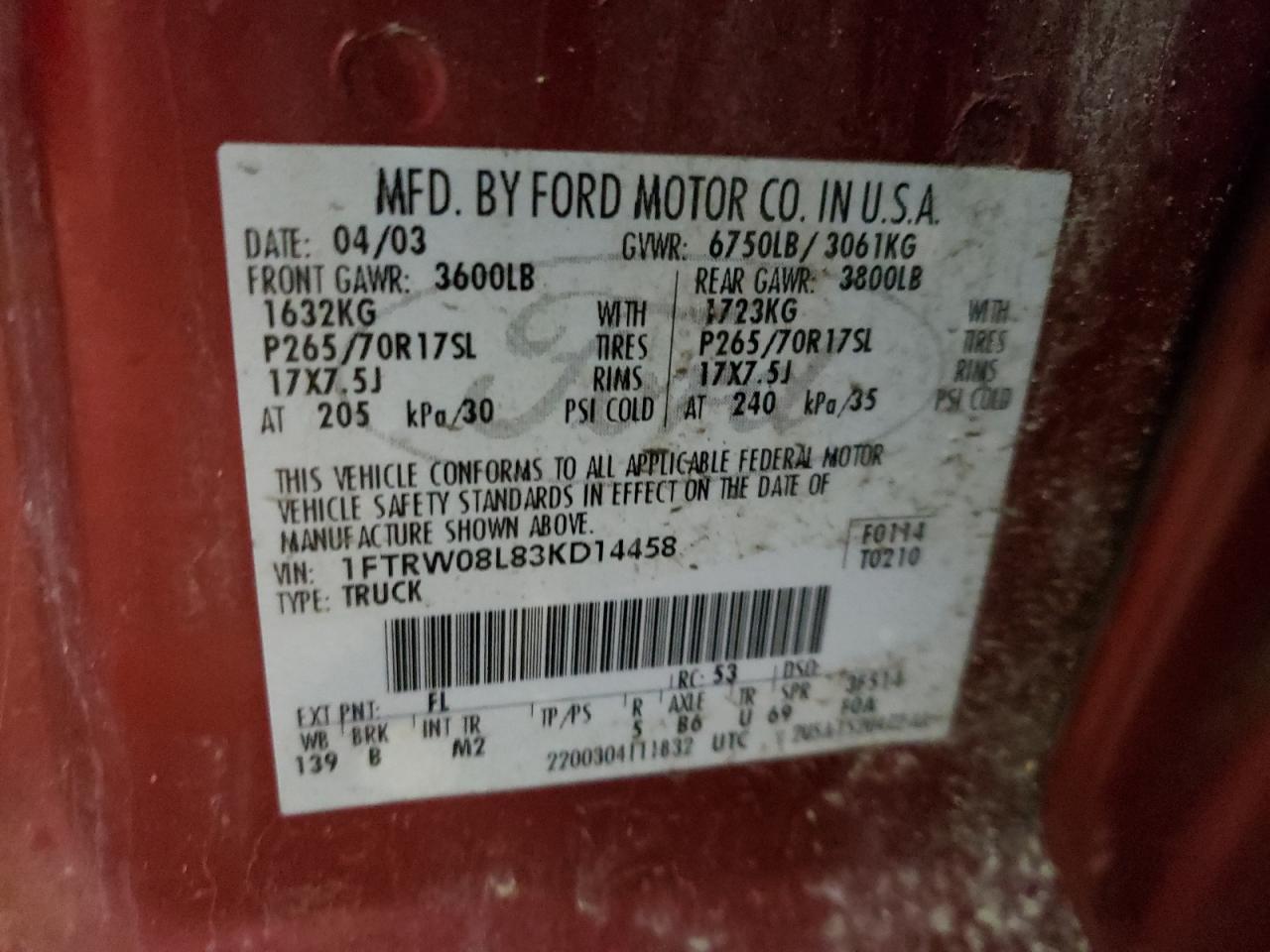 Photo 10 from auction – 2003 FORD F150 SUPER with VIN 1FTRW08L83KD14458