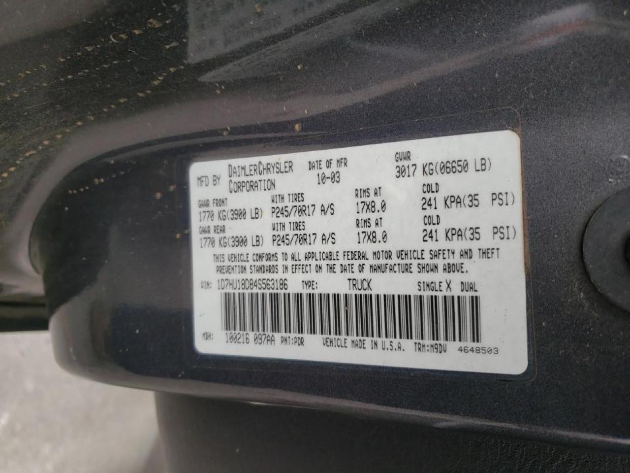 Photo 10 from auction – 2004 DODGE RAM 1500 S with VIN 1D7HU18D84S563186