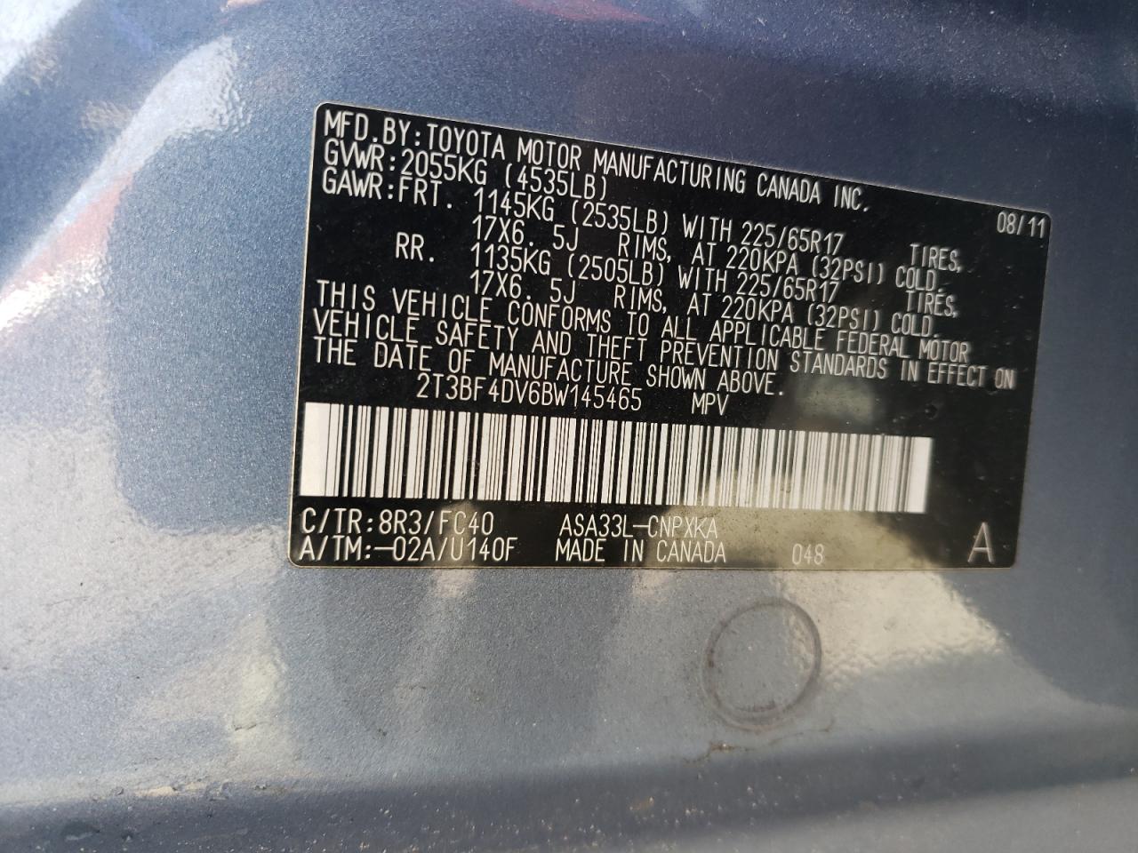 Photo 10 from auction – 2011 TOYOTA RAV4 with VIN 2T3BF4DV6BW145465