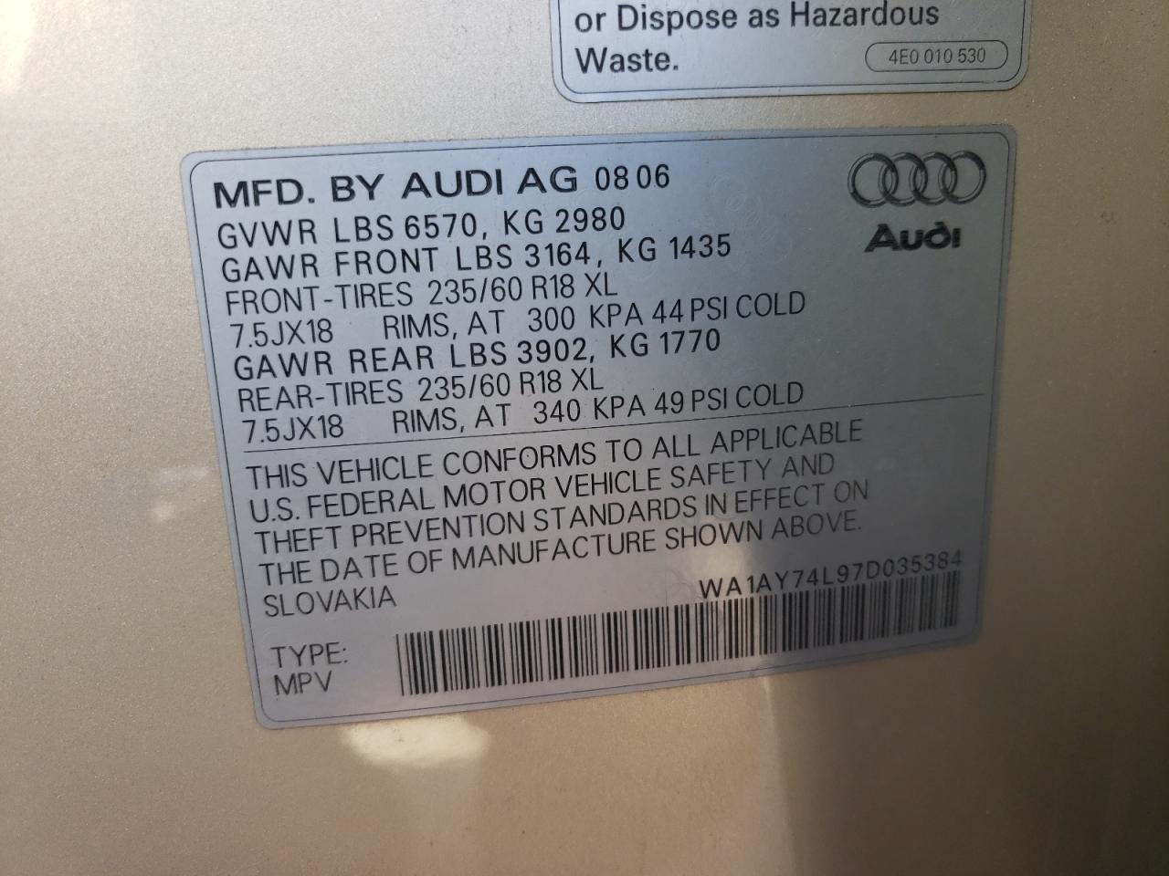 Photo 10 from auction – 2007 AUDI Q7 3.6 QUA with VIN WA1AY74L97D035384