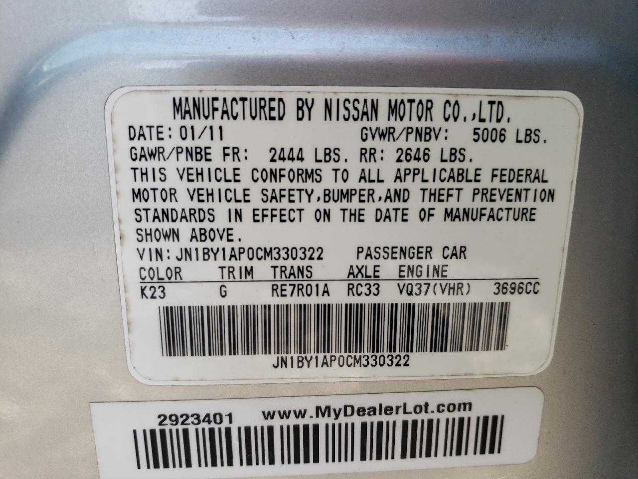Photo 10 from auction – 2012 INFINITI M37 with VIN JN1BY1AP0CM330322