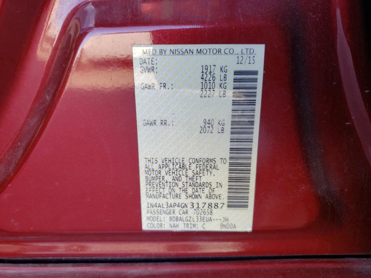 Photo 10 from auction – 2016 NISSAN ALTIMA 2.5 with VIN 1N4AL3AP4GN317887