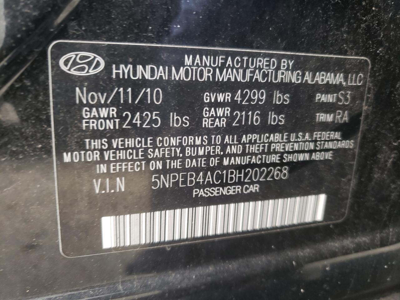 Photo 10 from auction – 2011 HYUNDAI SONATA GLS with VIN 5NPEB4AC1BH202268