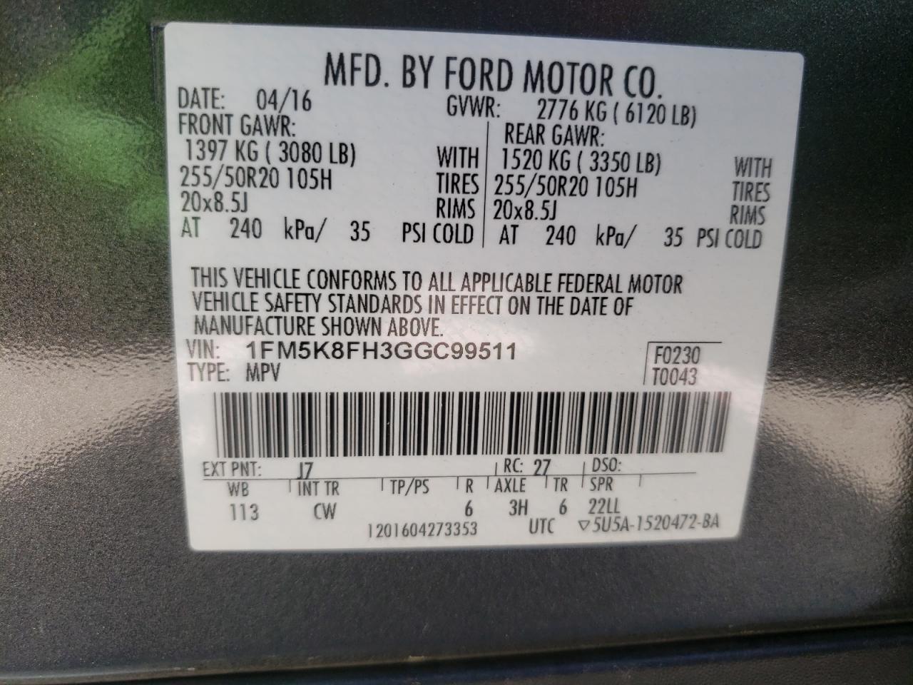 Photo 10 from auction – 2016 FORD EXPLORER L with VIN 1FM5K8FH3GGC99511