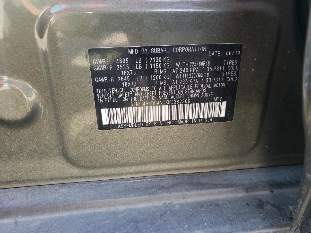 Photo 10 from auction – 2019 SUBARU OUTBACK 2. with VIN 4S4BSANCXK3382806