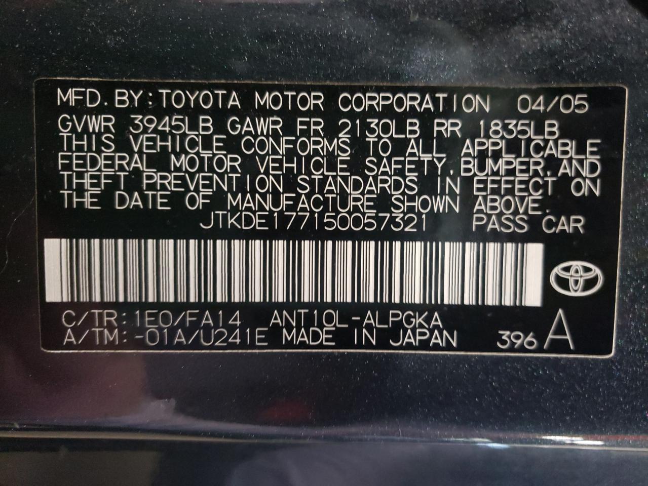 Photo 10 from auction – 2005 TOYOTA SCION TC with VIN JTKDE177150057321