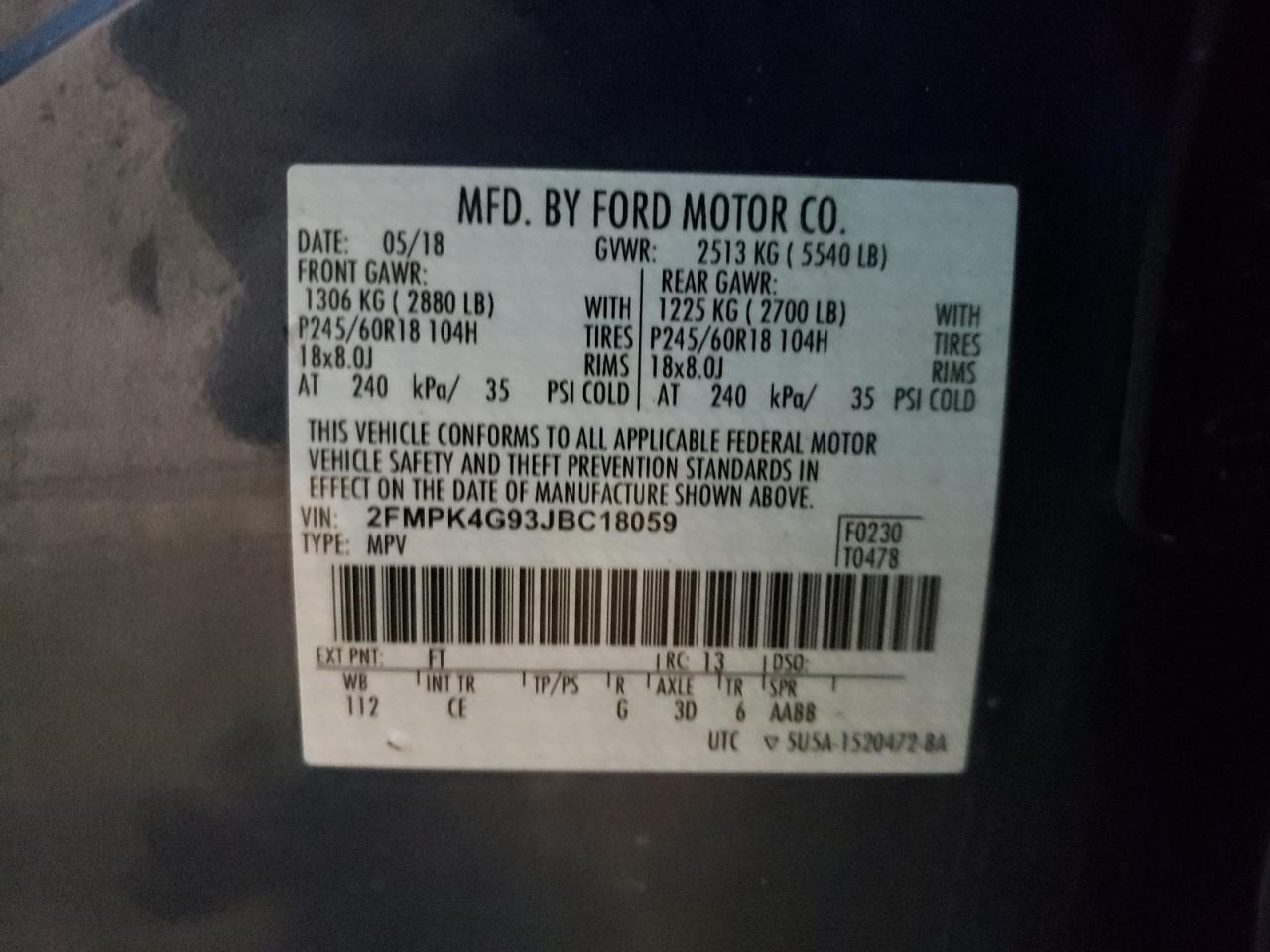 Photo 10 from auction – 2018 FORD EDGE SE with VIN 2FMPK4G93JBC18059