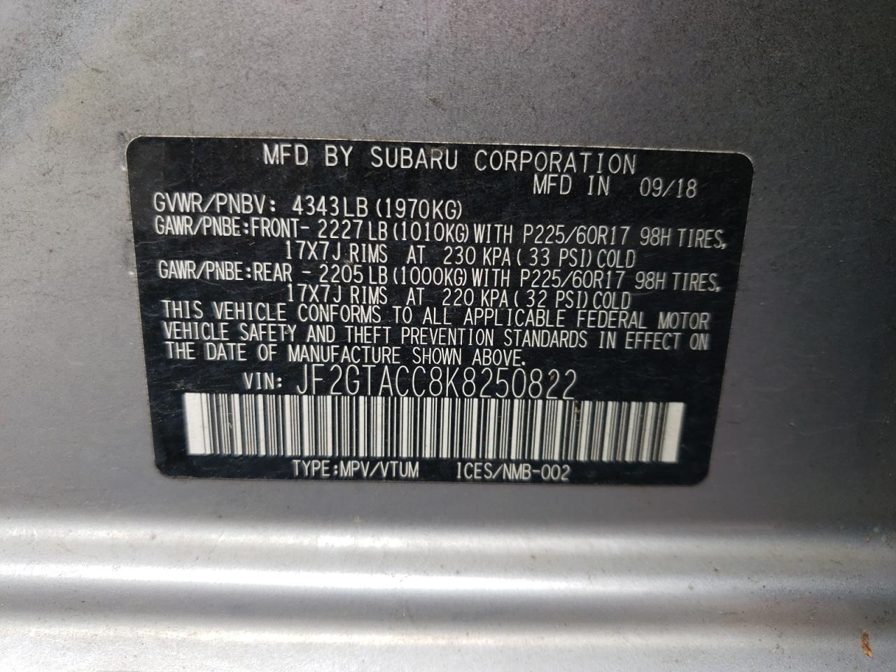 Photo 10 from auction – 2019 SUBARU CROSSTREK with VIN JF2GTACC8K8250822